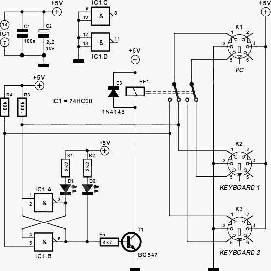 Two Keyboards on one PC schematic diagram