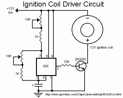 Ignition coil driver by IC 555 + 2N3055