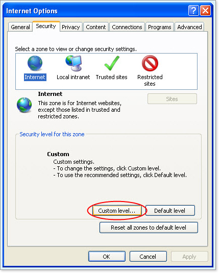 Internet Options Security tab