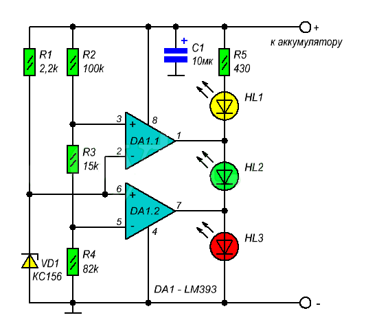 Схема индикатора напряжения для бортовой сети автомобиля на светодиодах