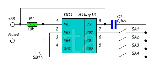 Схема простого регулируемого таймера с обратным отсчетом на микроконтроллере Attiny13
